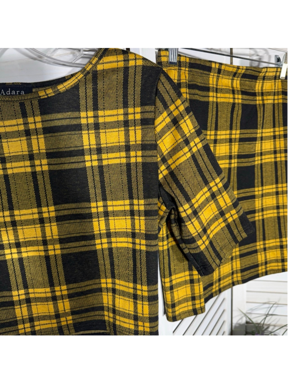 Vintage Y2K school girl style yellow black plaid mini skirt top set sz M - Picture 5 of 13